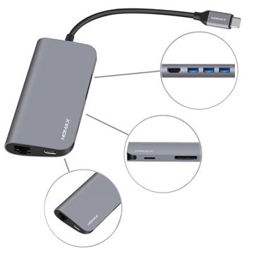 Momax Onelink 8-i-1 Multifunktionell Typ-C USB Hub - Grå