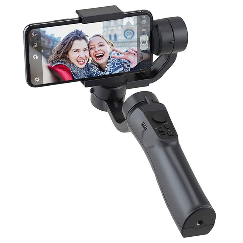 F6 3-axis gimbal i svart Svart gimbal med en mobil som tagit bild på två tjejer