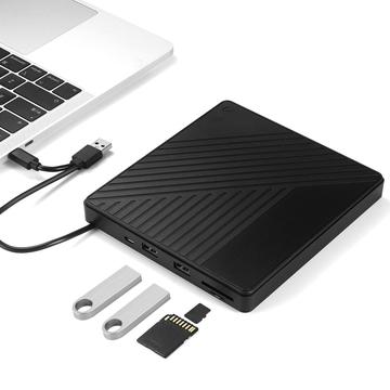 005 Extern USB-C/USB optisk enhet med SD/TF-kortläsare - CD/DVD-uppspelning och bränning