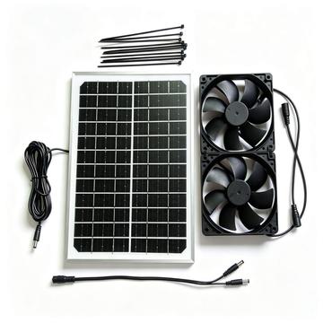 12V solpanel med två 120mm frånluftsfläktar för ventilation av husdjursburar