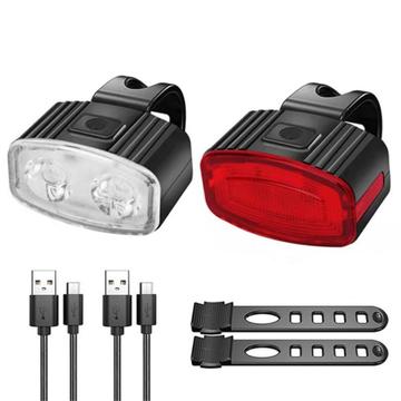 USB uppladdningsbar cykelljusuppsättning Fram Bak LED cykelljus USB strålkastare cykel bakljus - Röd + vit uppsättning - 2 St.