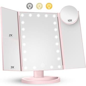 3-sidig hopfällbar sminkspegel med 22 LED-lampor - 1X/2X/3X/10X förstoring - Rosa