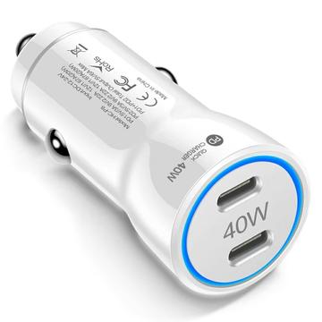 40W dubbel USB-C PD snabbladdare för bil med LED-ljusring - vit