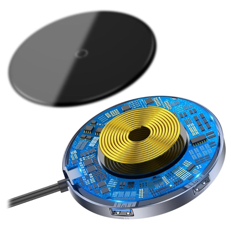 Baseus Circular Mirror Trådlös Laddare och Hub Typ C PD, 4x USB Baseus Circular Mirror Trådlös Laddare och Hub Typ C PD, 4x USB