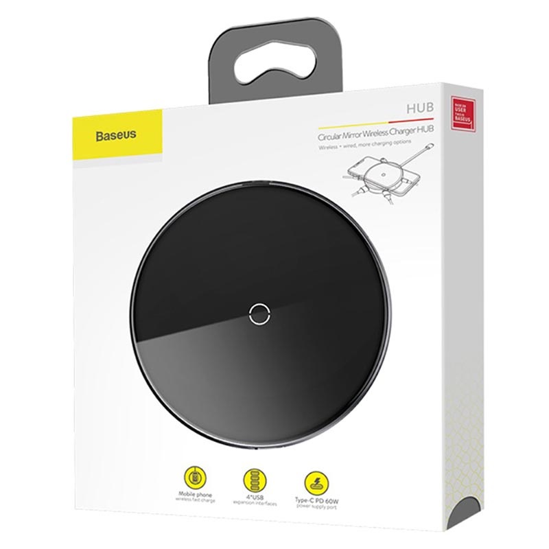 Baseus Circular Mirror Trådlös Laddare och Hub Typ C PD, 4x USB Baseus Circular Mirror Trådlös Laddare och Hub Typ C PD, 4x USB