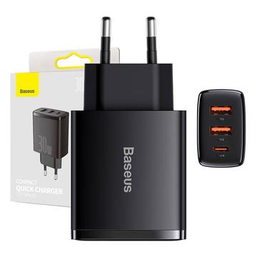 Baseus Compact snabbladdare 30W - USB-C PD, 2xUSB - Svart