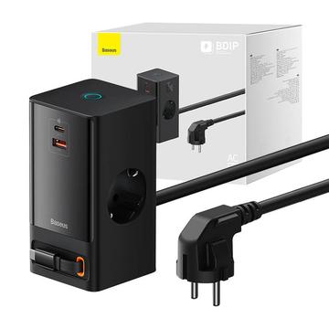 Baseus PowerCombo digitalt grenuttag 65W med utdragbar USB-C-kabel - 2xAC, USB-C, USB-A - Svart