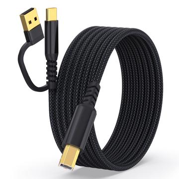 Flätad 2-i-1 USB-A / USB-C till USB-B skrivarkabel - 5m - Svart