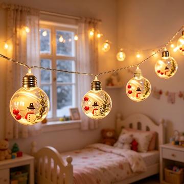 LED-ljusslinga med julsnögubbar och genomskinliga kulor – 10 varmvita LED-lampor