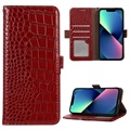 Crocodile Serie iPhone 13 Läder Plånboksfodral med RFID - Röd