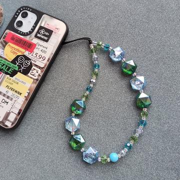 Handledsrem för telefon med kristallpärlor - 30cm - Grön / Blå