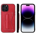 Fierre Shann iPhone 14 Pro Max Skinnbelagt Skal med Korthållare och Kickstand - Röd