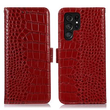 Crocodile Serie Samsung Galaxy S23 Ultra 5G Läder Plånboksfodral med RFID - Röd