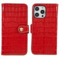 iPhone 14 Pro Max Läder Plånboksfodral - Crocodile - Röd