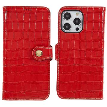 iPhone 14 Pro Max Läder Plånboksfodral - Crocodile - Röd
