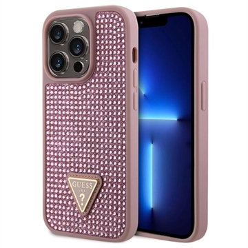 iPhone 15 Pro Guess Rhinestones Triangle Metal Logo Skal - Rosa