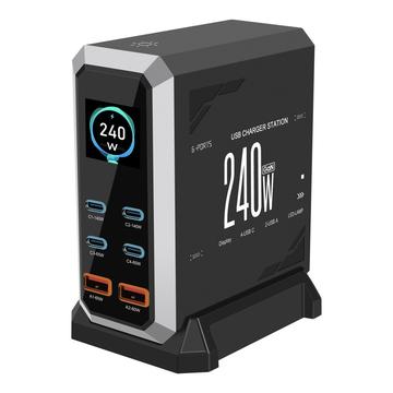 HHW 240W GaN 6-portars USB-C-laddningsstation med display - 4xUSB-C, 2xUSB-A - Svart