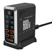 HHW 660W GaN 10-portars USB-C-laddningsstation med display - 6xUSB-C, 4xUSB-A - Svart