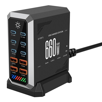 HHW 660W GaN 10-portars USB-C-laddningsstation med display - 6xUSB-C, 4xUSB-A - Svart