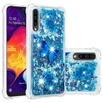 Liquid Glitter Samsung Galaxy A50 TPU-skal - Blå Fjäril