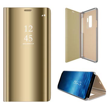 Luxury Mirror View Samsung Galaxy S9+ Flipfodral - Guld