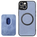 iPhone 15 Magnetisk Skal med Korthållare - Kolfiber - Blå