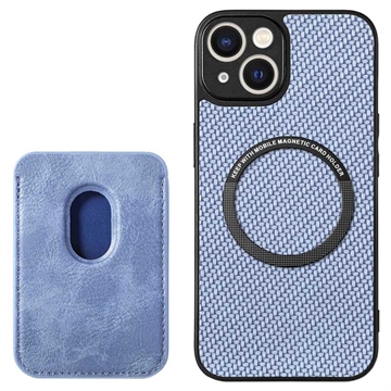 iPhone 15 Magnetisk Skal med Korthållare - Kolfiber - Blå