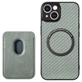 iPhone 15 Plus Magnetisk Skal med Korthållare - Kolfiber - Grön