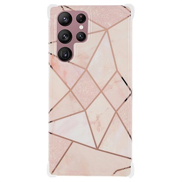 Marble Pattern Elektropläterat IMD Samsung Galaxy S22 Ultra 5G TPU-Skal - Vit / Rosa