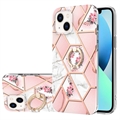 iPhone 15 Marble Pattern IMD TPU-skal med Ringhållare - Rosa / Vit