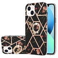 iPhone 15 Plus Marble Pattern IMD TPU-skal med Ringhållare - Svart