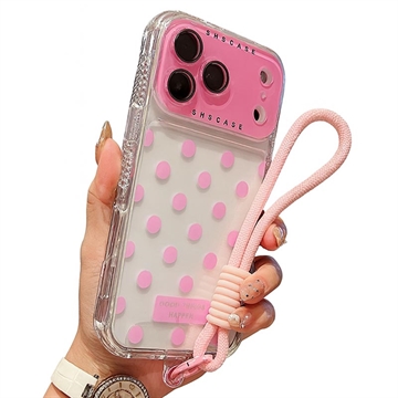 iPhone 17 Pro PC / TPU-skal med linsfilm och rem - Polka Dot - Rosa
