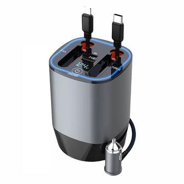 PT-17 PD 100W billaddare med utdragbara Lightning/USB-C-kablar, spänningsdisplay och luftfräschare - Grå