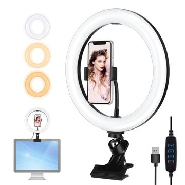PULUZ PKT3126B LED Ring Light Kit 10.2" 26cm Videokonferensbelysning 3 dimbara färger 10 ljusstyrkor för kamera Smartphone YouTube TikTok Självporträtt
