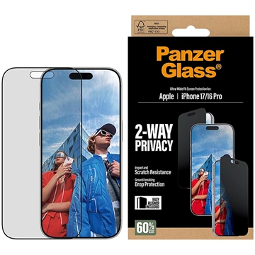 iPhone 17/16 Pro PanzerGlass Ultra-Wide Fit EasyAligner 2-Way Privatliv Skärmskydd - 9H - Svart kant
