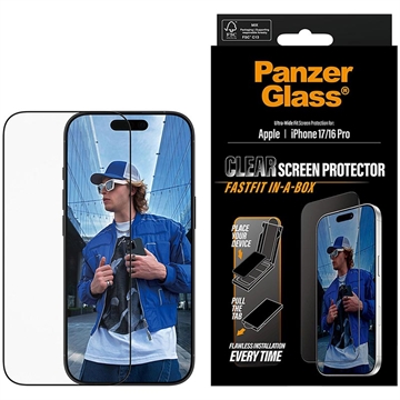 iPhone 17/16 Pro PanzerGlass Ultra-Wide Fit m. FastFit In-A-Box skärmskydd - 9H - Svart kant