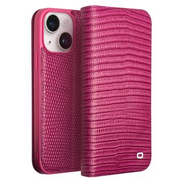 Qialino iPhone 15 Plus Plånboksfodral i Läder - Krokodil - Varmrosa
