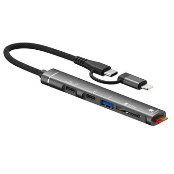 SVT02 För iPhone+Typ-C Hub Adapter till 2 Typ-C Portar+USB+2 Kortläsarplatser - Grå