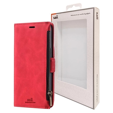 Saii Dragkedja iPhone 13 Mini Plånboksfodral med Rem - Röd