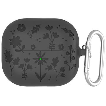 Samsung Galaxy Buds3/Buds3 Pro Silikonfodral med blommönster och karbinhake - Mörkgrå