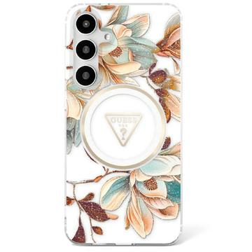 Samsung Galaxy S25 Guess Glitter Flowers Triangle Buttons MagSafe-Skal - Vit