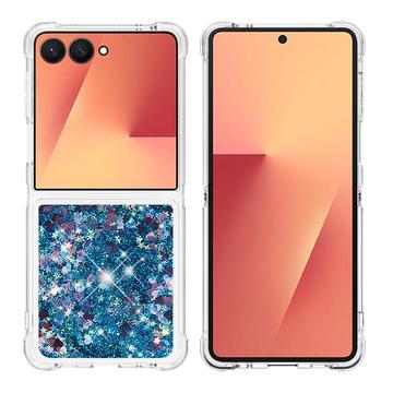 Samsung Galaxy Z Flip7 Glitter Quicksand TPU-skal - Blå hjärtan