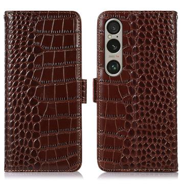 Sony Xperia 1 VI Crocodile Serie Läder Plånboksfodral med RFID - Brun