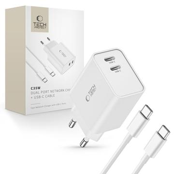 Tech-Protect C35W USB-C väggladdare med dubbla portar och USB-C-kabel - vit