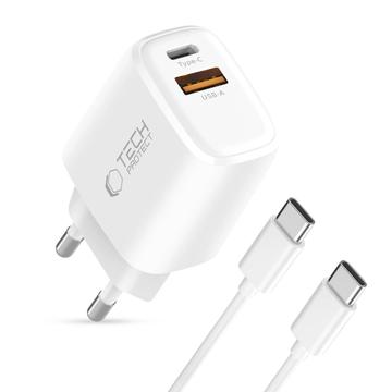 Tech-Protect NCA20 Dual-Port PD 20W/QC3.0-laddare med USB-C-kabel - Vit