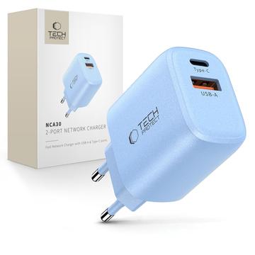 Tech-Protect NCA30 Laddare med dubbla portar - 30W USB-C PD och 18W USB-A QC3.0 - Baby Blå