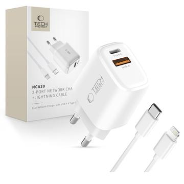 Tech-Protect NCA30 Dual-Port PD 30W/QC3.0-laddare med Lightning-kabel - vit