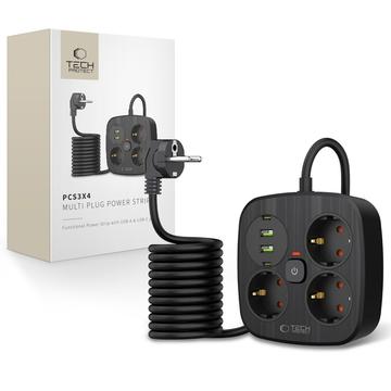 Tech-Protect PCS3X4 Grenuttag - 3 AC-uttag, 2 USB-A & 2 USB-C-portar, 2m kabel