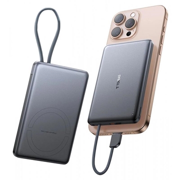 Torras Mini Slim PD Powerbank med inbyggd USB-C-kabel - 10000mAh - Grå