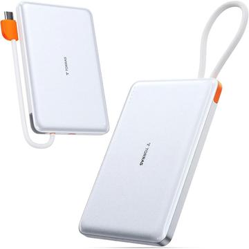 Torras Mini Slim PD Powebank med inbyggd USB-C-kabel - 10000mAh - Vit